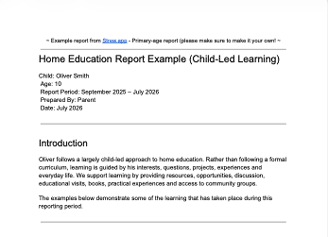 Sample home education report for child led or unschooling learning