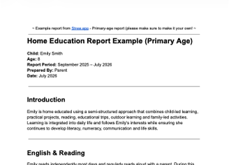 Free home education report example for a primary age child