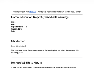 Sample home education report for child led or unschooling learning