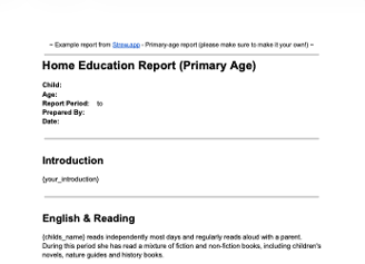 Free home education report example for a primary age child