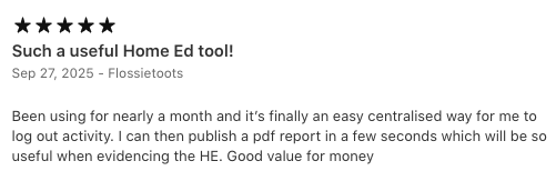 Strew Home Ed App review: Been using for nearly a month and it’s finally an easy centralised way for me to log out activity.  I can then publish a pdf report in a few seconds which will be so useful when evidencing the HE.   Good value for money