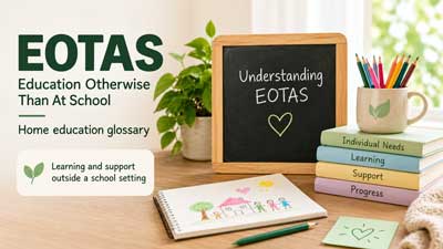 EOTAS explained: Education Otherwise Than At School, with a chalkboard, books and learning materials.