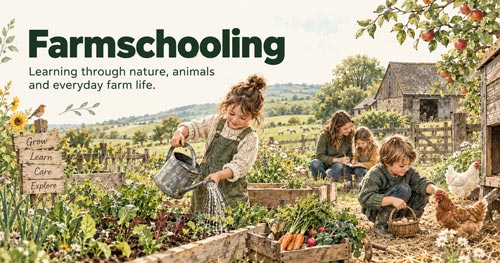 Children learning through gardening, animal care and outdoor activities as part of farmschooling