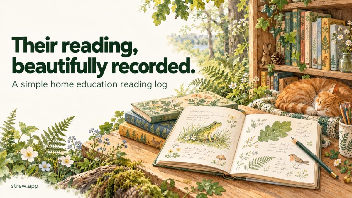 Illustrated books and an open nature journal beside a sleeping ginger cat, with the headline “Their reading, beautifully recorded.”: Home Education Reading Log